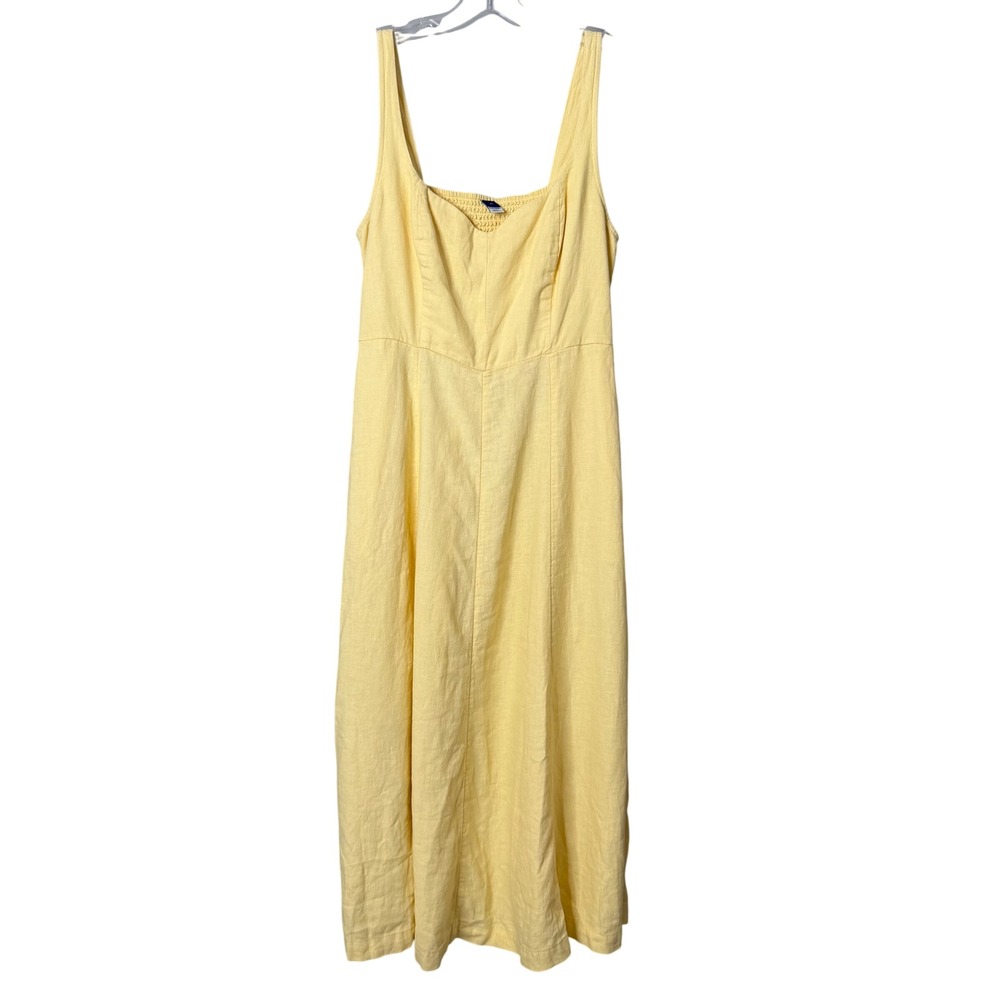 Old Navy Midi Dress Womens M Butter Yellow Linen Blend Notch Neck Pockets